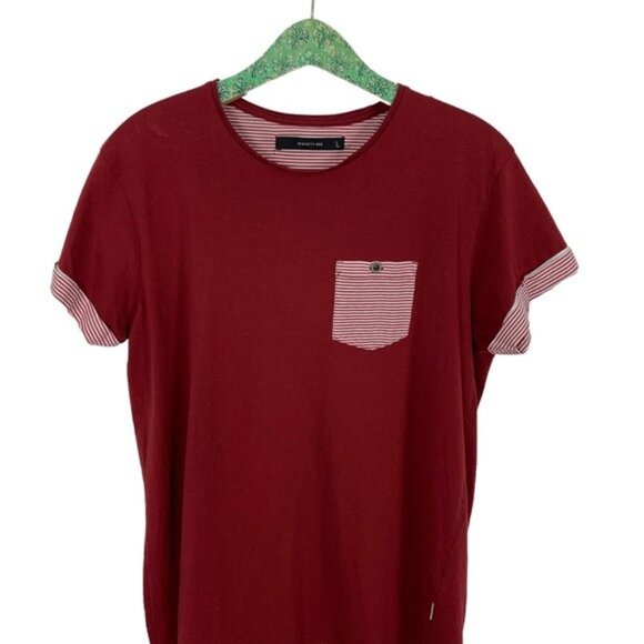 19 Ninety One Cotton On Burgundy Striped Pocket T Shirt Cuffed Sleeve Casual L - Picture 2 of 5